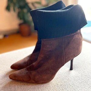 Donna Karen Brown Suede with Dark Brown Knit Cuff Ankle Boots - Size 9/40